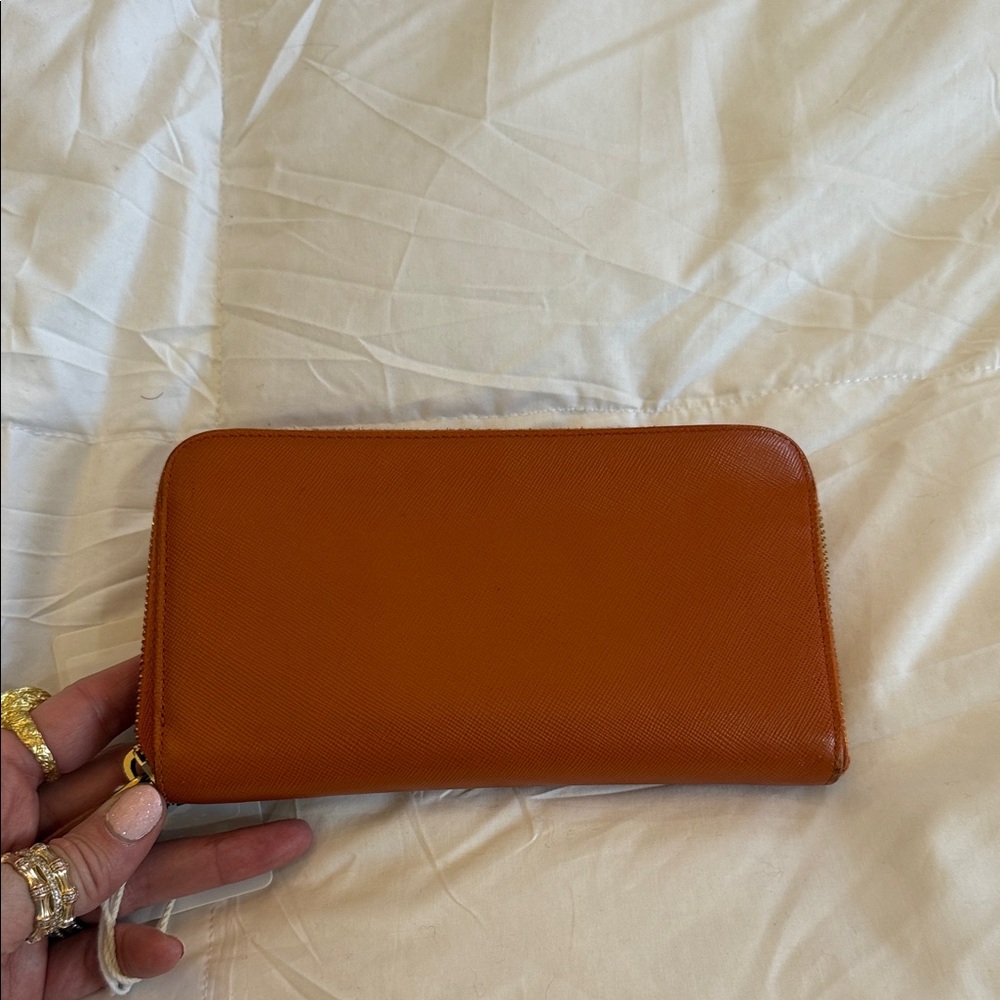 Prada Saffiano Leather Bow Zip Wallet - Cognac Brown - Picture 2 of 8